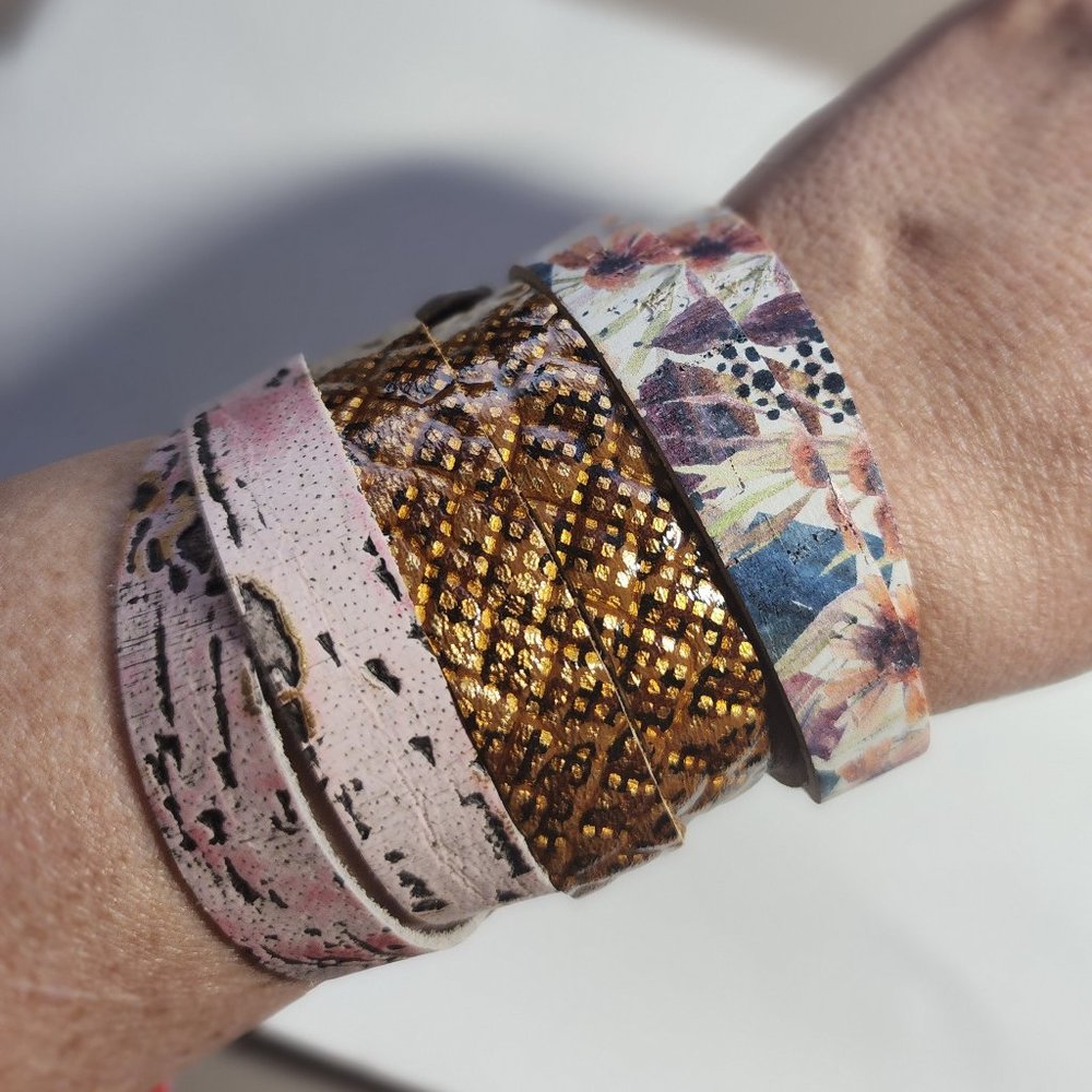 Flourish Leather 3 Slim Wrap Cuffs in Pinks, metallics and floral - Size XL
